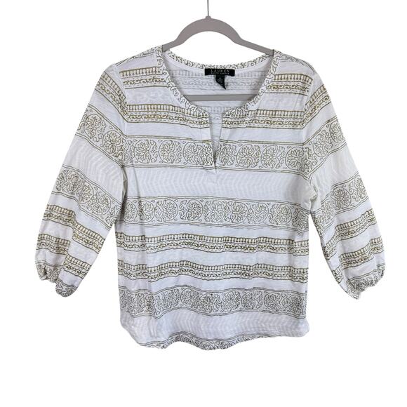 Lauren Ralph Lauren Tops - Lauren Ralph Lauren 100% Cotton Gold White Striped 3/4 Sleeve Blouse Size M